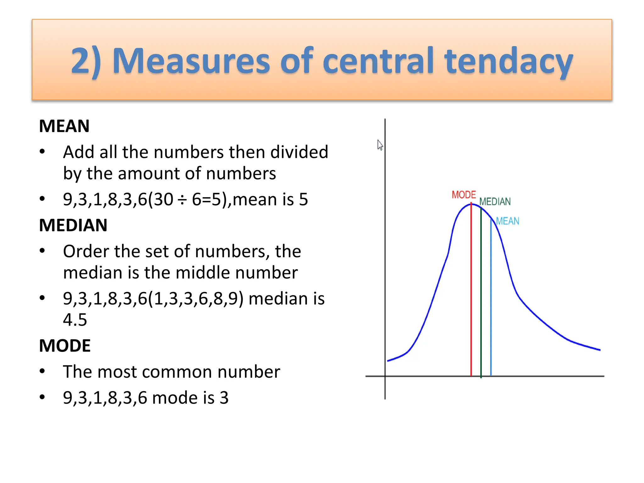 2) Measures of central tendacy
MEAN
• Add all the numbers then divided
by the amount of numbers
• 9,3,1,8,3,6(30 ÷ 6=5),mean is 5
MEDIAN
• Order the set of numbers, the
median is the middle number
• 9,3,1,8,3,6(1,3,3,6,8,9) median is
4.5
MODE
• The most common number
• 9,3,1,8,3,6 mode is 3
 