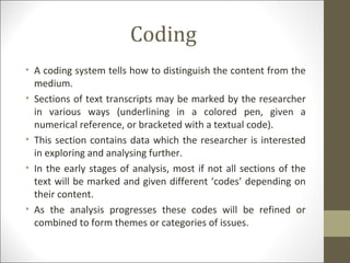coding, segmenting & categorizing in qualitative data... Data analysis – qualitative data presentation 2 | PPT