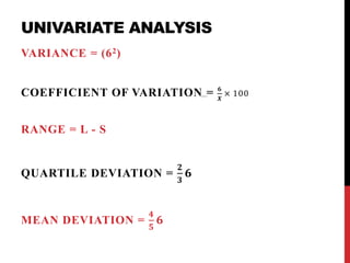 UNIVARIATE ANALYSIS
VARIANCE = (62)
COEFFICIENT OF VARIATION = 𝟔
𝑿
× 100
RANGE = L - S
QUARTILE DEVIATION =
𝟐
𝟑
𝟔
MEAN DEVIATION =
𝟒
𝟓
𝟔
 