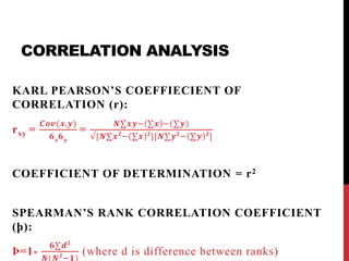 CORRELATION ANALYSIS
KARL PEARSON’S COEFFIECIENT OF
CORRELATION (r):
rxy =
𝑪𝒐𝒗(𝒙,𝒚)
𝟔 𝒙
𝟔 𝒚
=
𝑵∑𝒙𝒚− ∑𝒙 −(∑𝒚)
√[𝑵∑𝒙 𝟐
− ∑𝒙 𝟐
][𝑵∑𝒚 𝟐
− ∑𝒚 𝟐
]
COEFFICIENT OF DETERMINATION = r2
SPEARMAN’S RANK CORRELATION COEFFICIENT
(þ):
Þ=1-
𝟔∑𝒅 𝟐
𝑵(𝑵 𝟐
−𝟏)
(where d is difference between ranks)
 