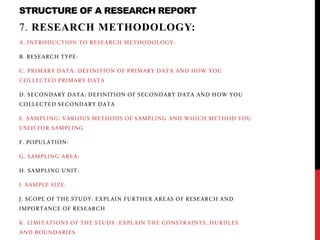 STRUCTURE OF A RESEARCH REPORT
7. RESEARCH METHODOLOGY:
A. INTRODUCTION TO RESEARCH METHODOLOGY:
B. RESEARCH TYPE:
C. PRIMARY DATA: DEFINITION OF PRIMARY DATA AND HOW YOU
COLLECTED PRIMARY DATA
D. SECONDARY DATA: DEFINITION OF SECONDARY DATA AND HOW YOU
COLLECTED SECONDARY DATA
E. SAMPLING: VARIOUS METHODS OF SAMPLING AND WHICH METHOD YOU
USED FOR SAMPLING
F. POPULATION:
G. SAMPLING AREA:
H. SAMPLING UNIT:
I. SAMPLE SIZE:
J. SCOPE OF THE STUDY: EXPLAIN FURTHER AREAS OF RESEARCH AND
IMPORTANCE OF RESEARCH
K. LIMITATIONS OF THE STUDY: EXPLAIN THE CONSTRAINTS, HURDLES
AND BOUNDARIES
 