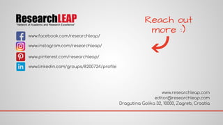www.researchleap.com
editor@researchleap.com
Dragutina Golika 32, 10000, Zagreb, Croatia
www.pinterest.com/researchleap/
www.instagram.com/researchleap/
www.facebook.com/researchleap/
www.linkedin.com/groups/8200724/profile
Reach out
more :)
 