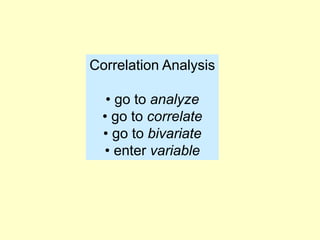 Correlation Analysis
• go to analyze
• go to correlate
• go to bivariate
• enter variable
 