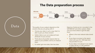 Data
Identify
What data
Source
Acquir
e
Extract
Measure
Prepar
e
Validate
Organize
Explore
The Data preparation process
The quality of your analysis depends on the
answers that you are giving with it!
Choose your data in such a way, that it is
able to give you these answers
Gather data so you can analyse all main
attributes of your process
Think about all possible reasons that my
relate to your problem, and try to measure
them
It’s better get more data, then less data
Majority of what we do is recorded in the
SAP/BW/SSF and other systems. Make
sure you know where to get the data
from:
Where is the most relevant data stored
at
If you have no access to the report,
check with your KU / BSS lead who
may provide it to you
If your data is not placed in any report,
it might still be in a SAP database
table. Check with your KU
 