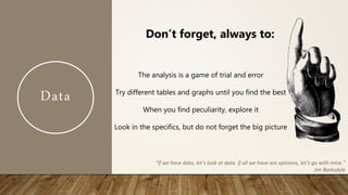 Data
The analysis is a game of trial and error
Try different tables and graphs until you find the best
When you find peculiarity, explore it
Look in the specifics, but do not forget the big picture
Don’t forget, always to:
“If we have data, let’s look at data. If all we have are opinions, let’s go with mine.”
Jim Barksdale
 