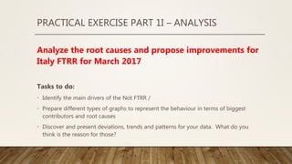 PRACTICAL EXERCISE PART 1I – ANALYSIS
Analyze the root causes and propose improvements for
Italy FTRR for March 2017
Tasks to do:
• Identify the main drivers of the Not FTRR /
• Prepare different types of graphs to represent the behaviour in terms of biggest
contributors and root causes
• Discover and present deviations, trends and patterns for your data. What do you
think is the reason for those?
 