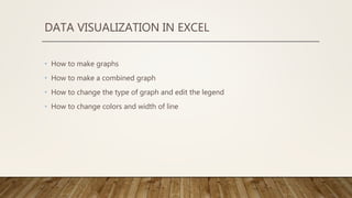 DATA VISUALIZATION IN EXCEL
• How to make graphs
• How to make a combined graph
• How to change the type of graph and edit the legend
• How to change colors and width of line
 