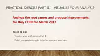 PRACTICAL EXERCISE PART I1I – VISUALIZE YOUR ANALYSIS
Analyze the root causes and propose improvements
for Italy FTRR for March 2017
Tasks to do:
• Visualize your analysis from Part II
• Polish your graphs in order to better represent your idea
 