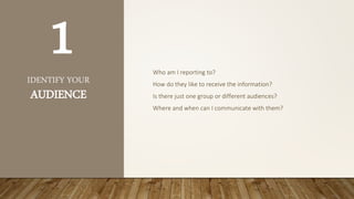 IDENTIFY YOUR
AUDIENCE
Who am I reporting to?
How do they like to receive the information?
Is there just one group or different audiences?
Where and when can I communicate with them?
1
 