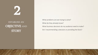 ESTABLISH AN
OBJECTIVE AND
STORY
What problems are we trying to solve?
What do they already know?
What business decisions do my audience need to make?
Am I recommending a decision or providing the facts?
2
 
