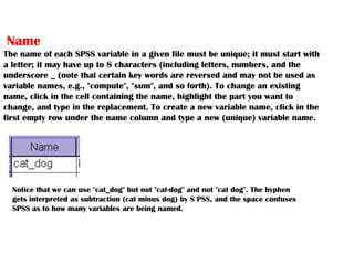 Name
The name of each SPSS variable in a given file must be unique; it must start with
a letter; it may have up to 8 characters (including letters, numbers, and the
underscore _ (note that certain key words are reversed and may not be used as
variable names, e.g., "compute", "sum", and so forth). To change an existing
name, click in the cell containing the name, highlight the part you want to
change, and type in the replacement. To create a new variable name, click in the
first empty row under the name column and type a new (unique) variable name.
Notice that we can use "cat_dog" but not "cat-dog" and not "cat dog". The hyphen
gets interpreted as subtraction (cat minus dog) by S PSS, and the space confuses
SPSS as to how many variables are being named.
 