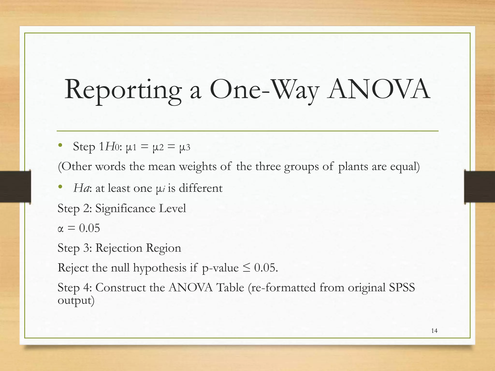 Reporting a One-Way ANOVA
• Step 1H0: μ1 = μ2 = μ3
(Other words the mean weights of the three groups of plants are equal)
• Ha: at least one μi is different
Step 2: Significance Level
α = 0.05
Step 3: Rejection Region
Reject the null hypothesis if p-value ≤ 0.05.
Step 4: Construct the ANOVA Table (re-formatted from original SPSS
output)
14
 