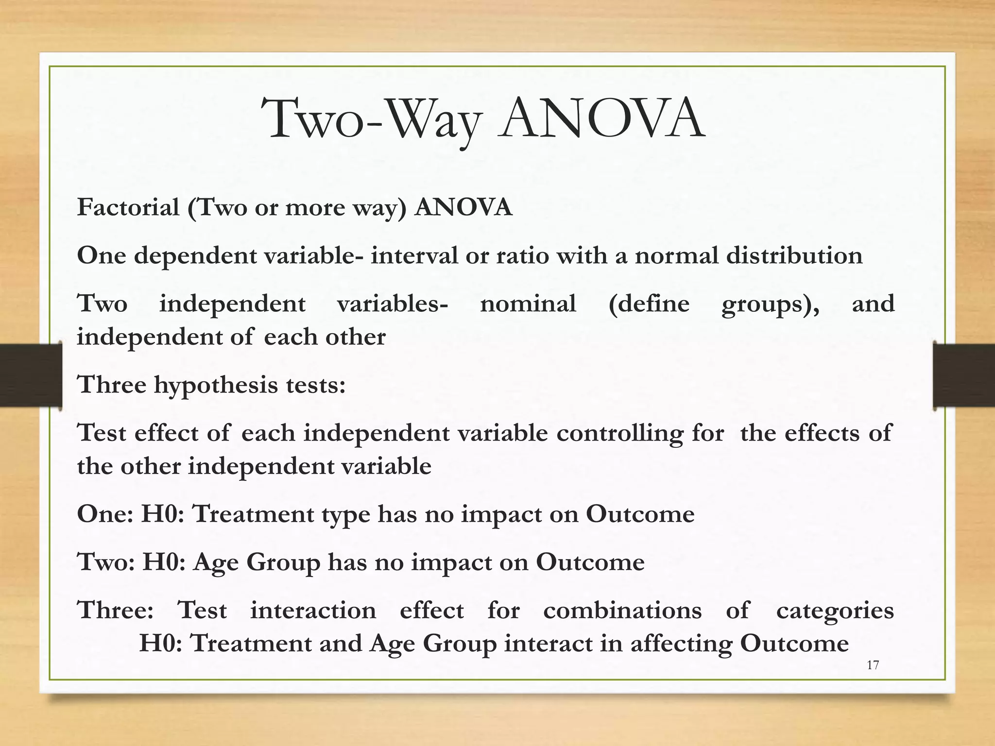 17
Factorial (Two or more way) ANOVA
One dependent variable- interval or ratio with a normal distribution
Two independent variables- nominal (define groups), and
independent of each other
Three hypothesis tests:
Test effect of each independent variable controlling for the effects of
the other independent variable
One: H0: Treatment type has no impact on Outcome
Two: H0: Age Group has no impact on Outcome
Three: Test interaction effect for combinations of categories
H0: Treatment and Age Group interact in affecting Outcome
Two-Way ANOVA
 