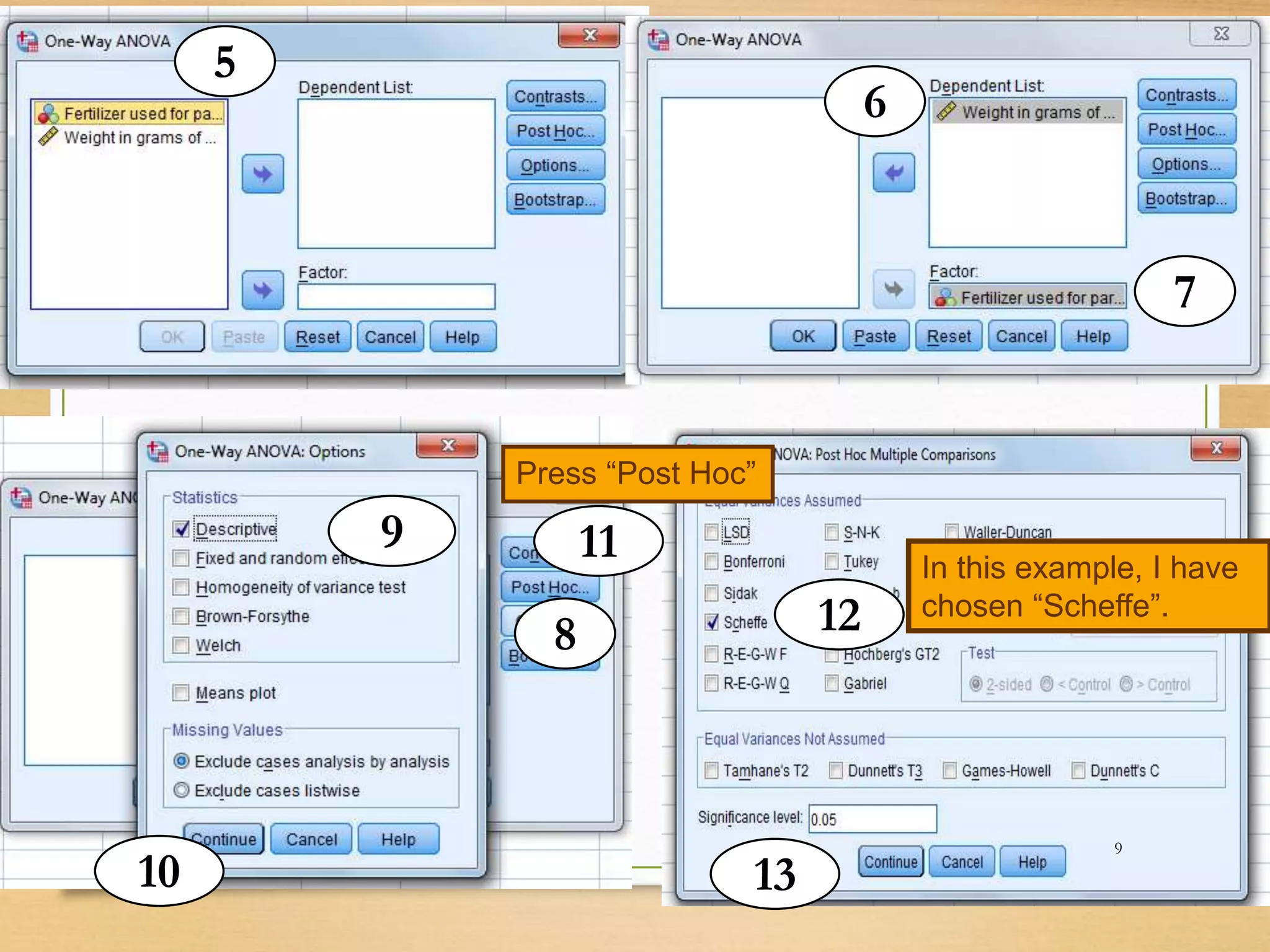 5
6
7
8
9
10
11
12
13
Press “Post Hoc”
In this example, I have
chosen “Scheffe”.
9
 