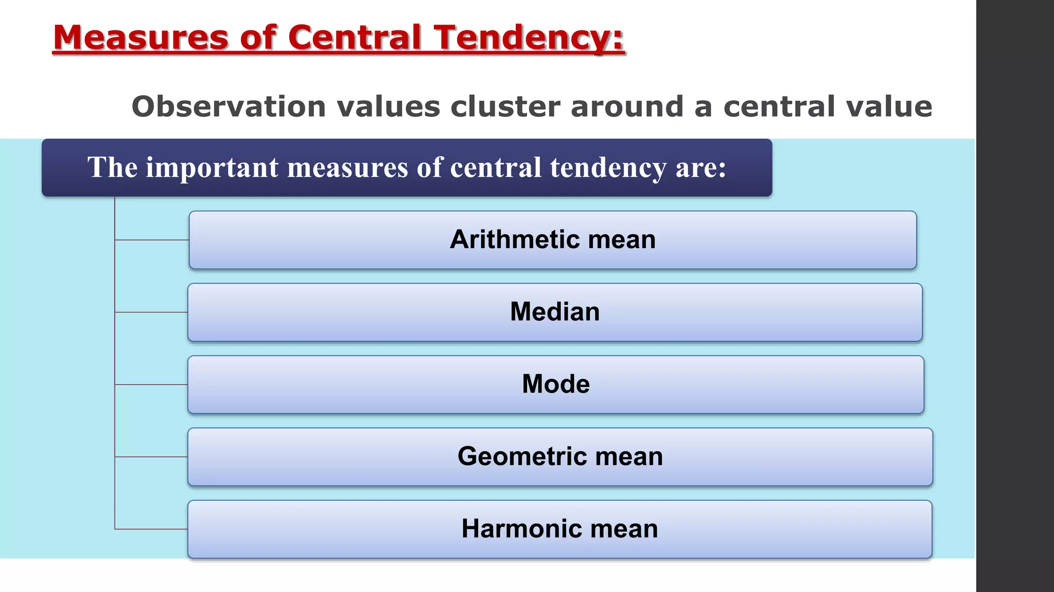 Measures of Central Tendency:
Observation values cluster around a central value
The important measures of central tendency are:
Arithmetic mean
Median
Mode
Geometric mean
Harmonic mean
 