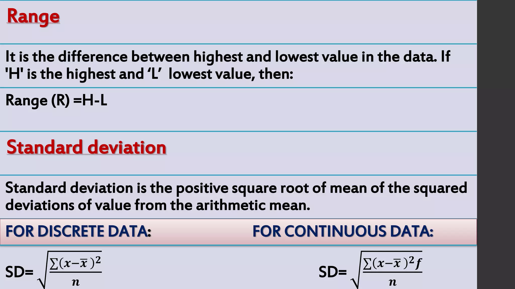 Range
It is the difference between highest and lowest value in the data. If
'H' is the highest and ‘L’ lowest value, then:
Range (R) =H-L
Standard deviation
Standard deviation is the positive square root of mean of the squared
deviations of value from the arithmetic mean.
FOR DISCRETE DATA: FOR CONTINUOUS DATA:
SD=
∑ 𝒙− 𝒙 𝟐
𝒏
SD=
∑ 𝒙− 𝒙 𝟐 𝒇
𝒏
 