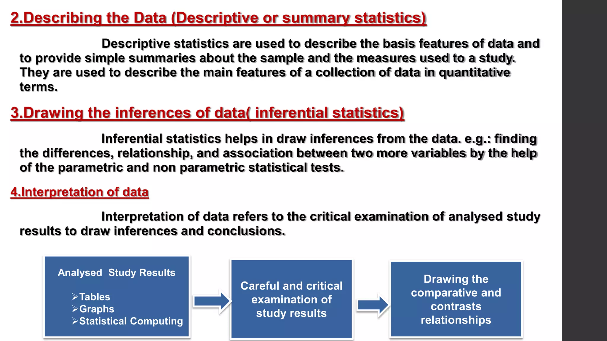 2.Describing the Data (Descriptive or summary statistics)
Descriptive statistics are used to describe the basis features of data and
to provide simple summaries about the sample and the measures used to a study.
They are used to describe the main features of a collection of data in quantitative
terms.
3.Drawing the inferences of data( inferential statistics)
Inferential statistics helps in draw inferences from the data. e.g.: finding
the differences, relationship, and association between two more variables by the help
of the parametric and non parametric statistical tests.
4.Interpretation of data
Interpretation of data refers to the critical examination of analysed study
results to draw inferences and conclusions.
Analysed Study Results
Tables
Graphs
Statistical Computing
Careful and critical
examination of
study results
Drawing the
comparative and
contrasts
relationships
 