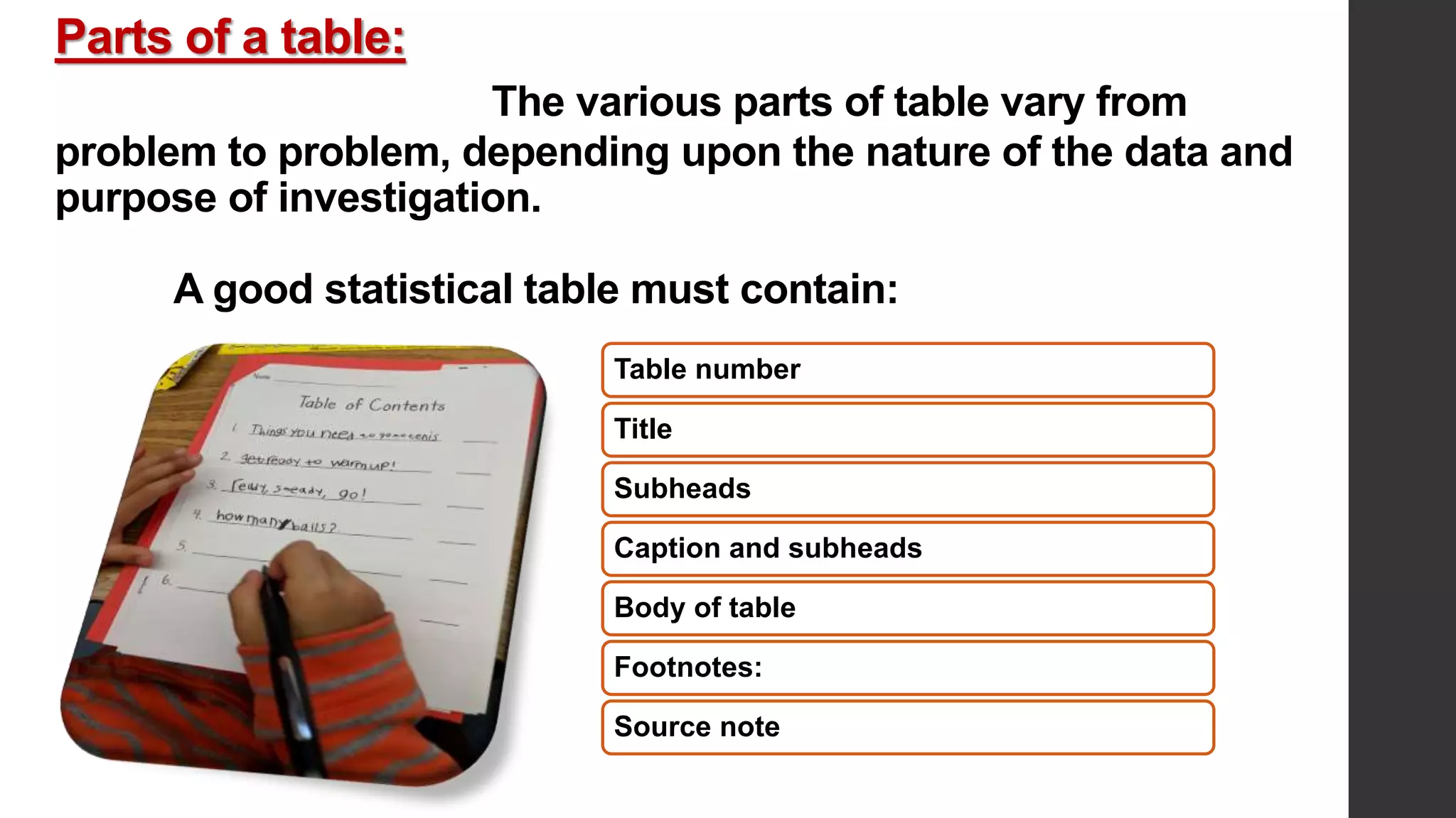 Parts of a table:
The various parts of table vary from
problem to problem, depending upon the nature of the data and
purpose of investigation.
A good statistical table must contain:
Table number
Title
Subheads
Caption and subheads
Body of table
Footnotes:
Source note
 
