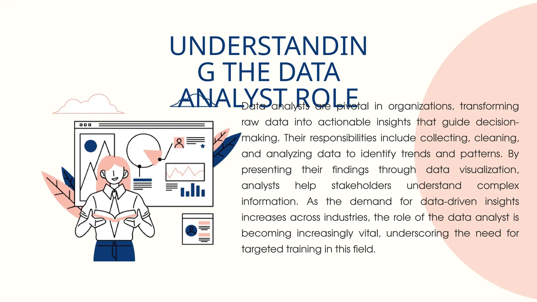 UNDERSTANDIN
G THE DATA
ANALYST ROLE
Data analysts are pivotal in organizations, transforming
raw data into actionable insights that guide decision-
making. Their responsibilities include collecting, cleaning,
and analyzing data to identify trends and patterns. By
presenting their findings through data visualization,
analysts help stakeholders understand complex
information. As the demand for data-driven insights
increases across industries, the role of the data analyst is
becoming increasingly vital, underscoring the need for
targeted training in this field.
 