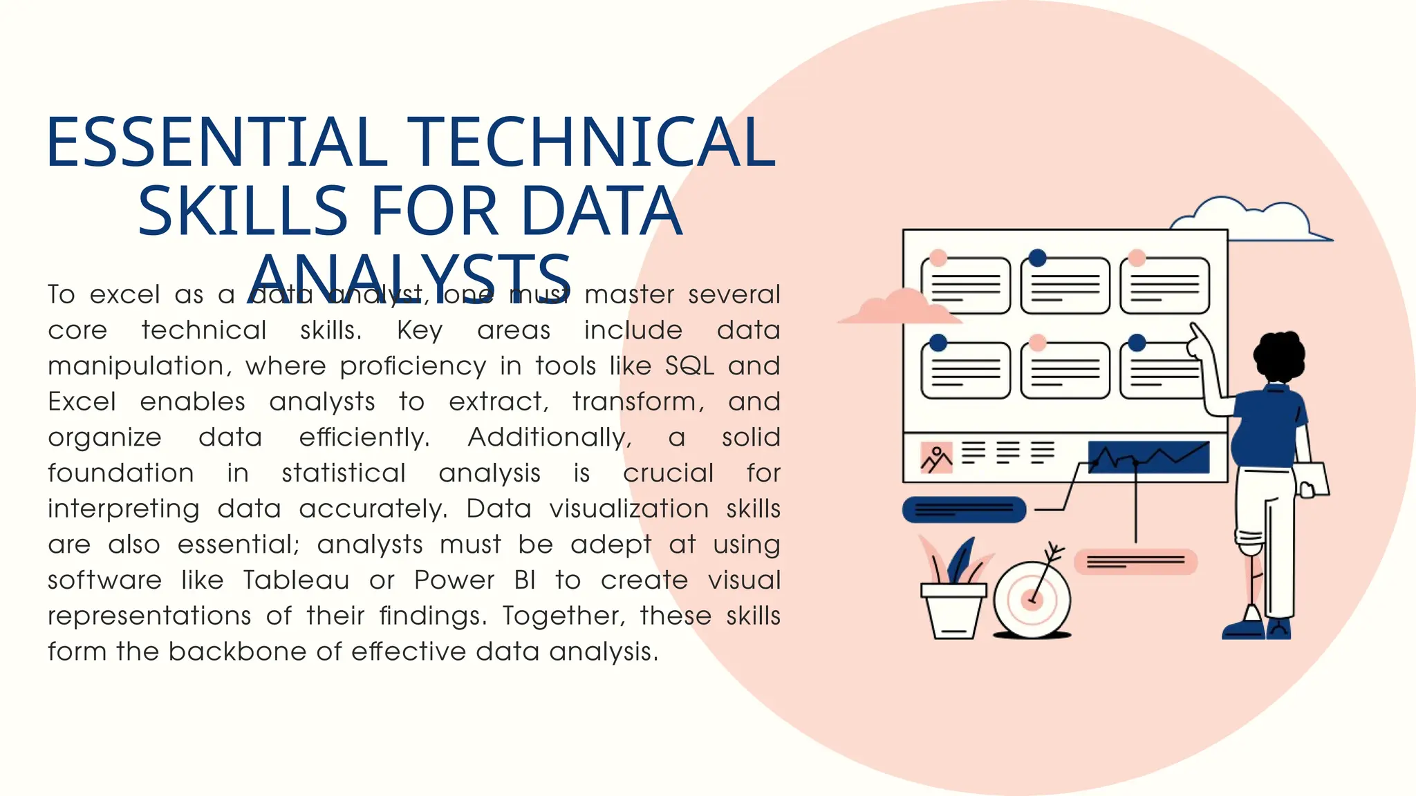 ESSENTIAL TECHNICAL
SKILLS FOR DATA
ANALYSTS
To excel as a data analyst, one must master several
core technical skills. Key areas include data
manipulation, where proficiency in tools like SQL and
Excel enables analysts to extract, transform, and
organize data efficiently. Additionally, a solid
foundation in statistical analysis is crucial for
interpreting data accurately. Data visualization skills
are also essential; analysts must be adept at using
software like Tableau or Power BI to create visual
representations of their findings. Together, these skills
form the backbone of effective data analysis.
 