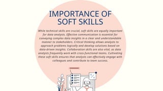 While technical skills are crucial, soft skills are equally important
for data analysts. Effective communication is essential for
conveying complex data insights in a clear and understandable
manner to stakeholders. Critical thinking allows analysts to
approach problems logically and develop solutions based on
data-driven insights. Collaboration skills are also vital, as data
analysts frequently work with cross-functional teams. Cultivating
these soft skills ensures that analysts can effectively engage with
colleagues and contribute to team success.
IMPORTANCE OF
SOFT SKILLS
 