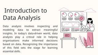 Introduction to
Data Analysis
Data analysis involves inspecting and
modeling data to extract meaningful
insights. In today's data-driven world, data
analysts play a critical role in helping
organizations make informed decisions
based on data. Recognizing the importance
of this field sets the stage for learning
essential skills.
 
