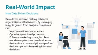 Real-World Impact
Data-driven decision making enhances
organizational effectiveness. By leveraging
insights gained from analysis, companies
can:
• Improve customer experiences.
• Optimize operational processes.
• Enhance marketing strategies. Real-
world examples show how businesses
that embrace data analytics outperform
their competitors by making informed
decisions.
How Data Drives Decisions
 