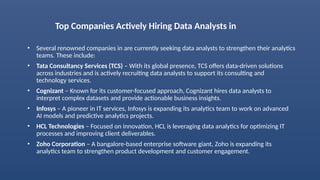 Top Companies Actively Hiring Data Analysts in
• Several renowned companies in are currently seeking data analysts to strengthen their analytics
teams. These include:
• Tata Consultancy Services (TCS) – With its global presence, TCS offers data-driven solutions
across industries and is actively recruiting data analysts to support its consulting and
technology services.
• Cognizant – Known for its customer-focused approach, Cognizant hires data analysts to
interpret complex datasets and provide actionable business insights.
• Infosys – A pioneer in IT services, Infosys is expanding its analytics team to work on advanced
AI models and predictive analytics projects.
• HCL Technologies – Focused on innovation, HCL is leveraging data analytics for optimizing IT
processes and improving client deliverables.
• Zoho Corporation – A bangalore-based enterprise software giant, Zoho is expanding its
analytics team to strengthen product development and customer engagement.
 