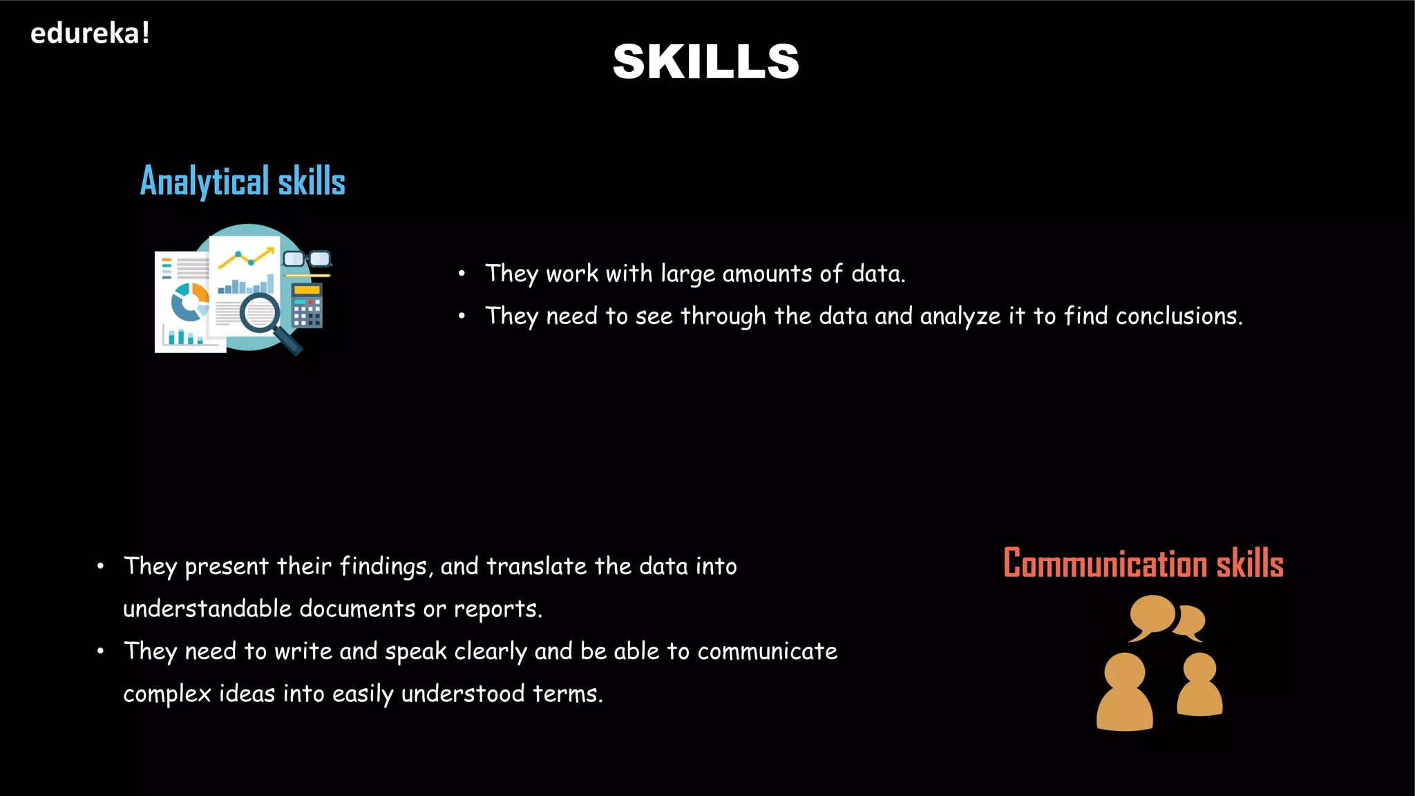 SKILLS
edureka!
Analytical skills
Communication skills
• They work with large amounts of data.
• They need to see through the data and analyze it to find conclusions.
• They present their findings, and translate the data into
understandable documents or reports.
• They need to write and speak clearly and be able to communicate
complex ideas into easily understood terms.
 