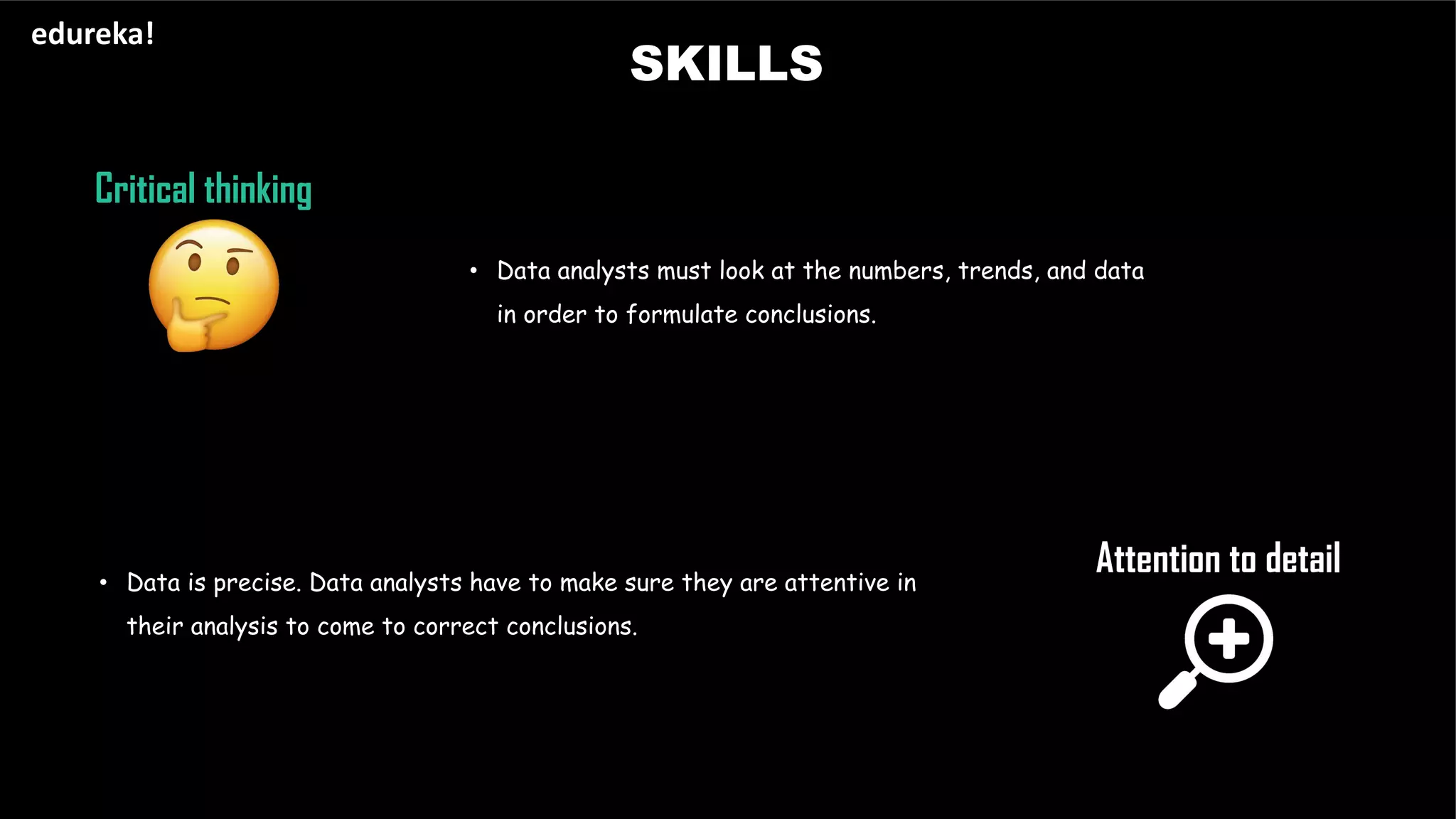 SKILLS
edureka!
Critical thinking
Attention to detail
• Data analysts must look at the numbers, trends, and data
in order to formulate conclusions.
• Data is precise. Data analysts have to make sure they are attentive in
their analysis to come to correct conclusions.
 