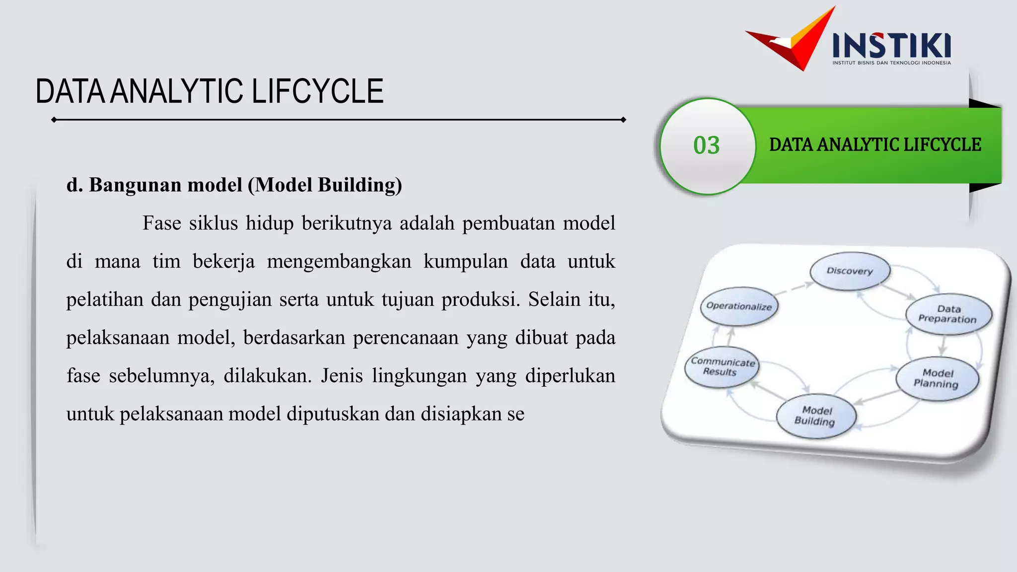 DATAANALYTIC LIFCYCLE
03 DATA ANALYTIC LIFCYCLE
d. Bangunan model (Model Building)
Fase siklus hidup berikutnya adalah pembuatan model
di mana tim bekerja mengembangkan kumpulan data untuk
pelatihan dan pengujian serta untuk tujuan produksi. Selain itu,
pelaksanaan model, berdasarkan perencanaan yang dibuat pada
fase sebelumnya, dilakukan. Jenis lingkungan yang diperlukan
untuk pelaksanaan model diputuskan dan disiapkan se
 