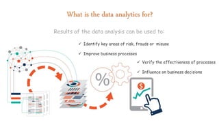 What is the data analytics for?
Results of the data analysis can be used to:
 Identify key areas of risk, frauds or misuse
 Improve business processes
 Verify the effectiveness of processes
 Influence on business decisions
 