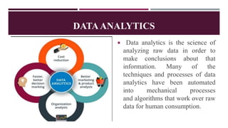 DATAANALYTICS
 Data analytics is the science of
analyzing raw data in order to
make conclusions about that
information. Many of the
techniques and processes of data
analytics have been automated
into mechanical processes
and algorithms that work over raw
data for human consumption.
 