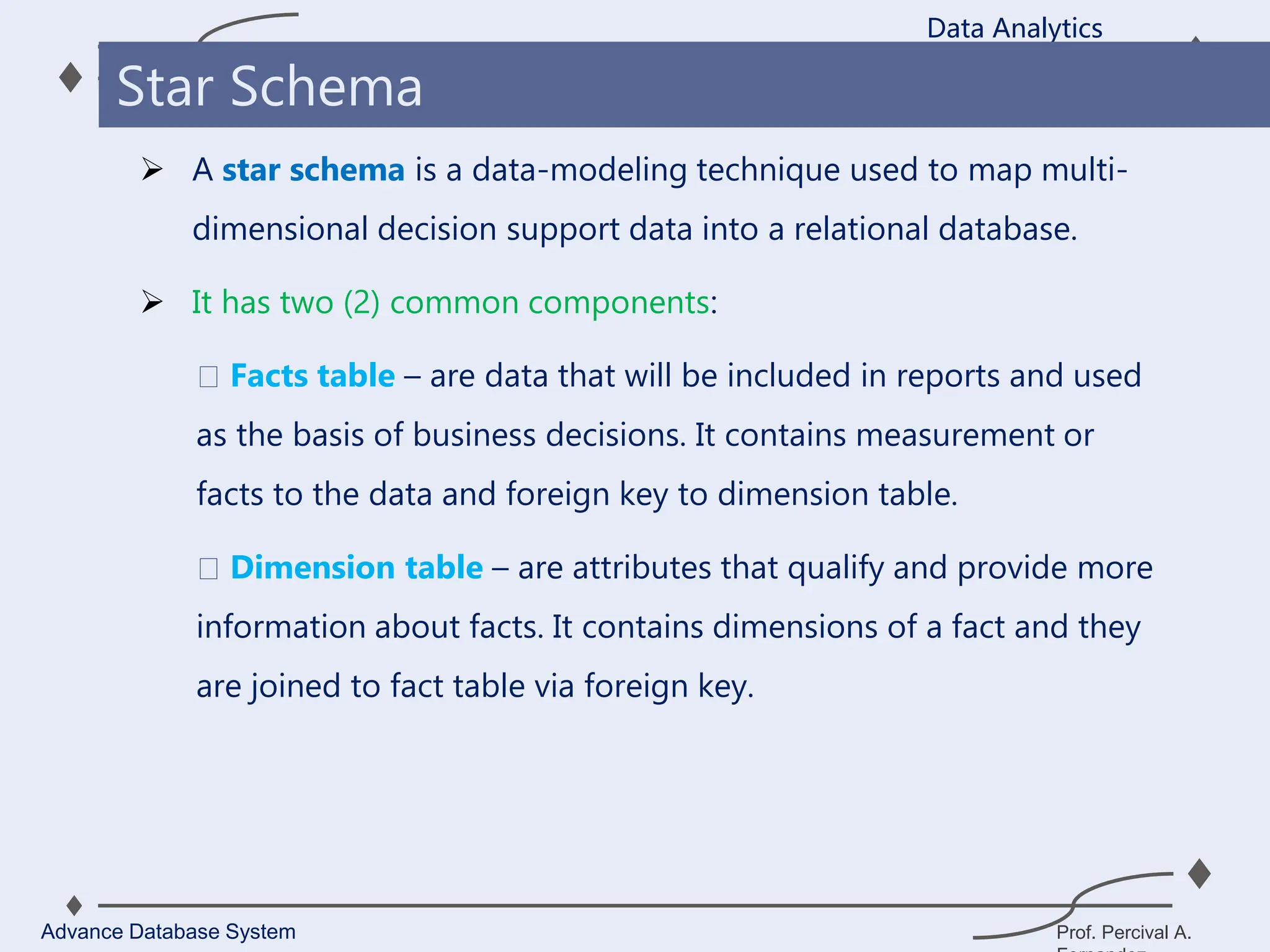 Prof. Percival A.
 A star schema is a data-modeling technique used to map multi-
dimensional decision support data into a relational database.
 It has two (2) common components:
Facts table – are data that will be included in reports and used
as the basis of business decisions. It contains measurement or
facts to the data and foreign key to dimension table.
Dimension table – are attributes that qualify and provide more
information about facts. It contains dimensions of a fact and they
are joined to fact table via foreign key.
Data Analytics
Advance Database System
Star Schema
 
