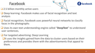 Facebook
 2.5 billion monthly active users
 Deep learning: Facebook makes use of facial recognition and text
analysis
 Facial recognition, Facebook uses powerful neural networks to classify
faces in the photographs
 Uses its own text understanding engine called “DeepText” to understand
user sentences.
 For targeted advertising: Deep Learning
It uses the insights gained from the data to cluster users based on their
preferences and provides them with the advertisements that appeal to
them.
25
 