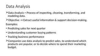 Data Analysis
Data Analysis = Process of inspecting, cleaning, transforming, and
modeling data.
Objective → Extract useful information & support decision-making.
Examples:
• Predicting sales for next quarter
• Understanding customer buying patterns
• Tracking business performance
Companies use data analysis to predict sales, to understand which
products are popular, or to decide where to spend their marketing
budget.
 