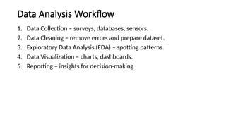 Data Analysis Workflow
1. Data Collection – surveys, databases, sensors.
2. Data Cleaning – remove errors and prepare dataset.
3. Exploratory Data Analysis (EDA) – spotting patterns.
4. Data Visualization – charts, dashboards.
5. Reporting – insights for decision-making
 