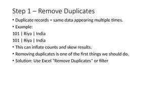 Step 1 – Remove Duplicates
• Duplicate records = same data appearing multiple times.
• Example:
101 | Riya | India
101 | Riya | India
• This can inflate counts and skew results.
• Removing duplicates is one of the first things we should do.
• Solution: Use Excel “Remove Duplicates” or filter
 