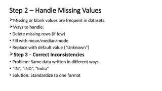Step 2 – Handle Missing Values
Missing or blank values are frequent in datasets.
Ways to handle:
• Delete missing rows (if few)
• Fill with mean/median/mode
• Replace with default value (“Unknown”)
Step 3 – Correct Inconsistencies
• Problem: Same data written in different ways
• “IN”, “IND”, “India”
• Solution: Standardize to one format
 