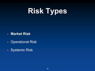 Risk Types
• Market Risk
• Operational Risk
• Systemic Risk
18
 