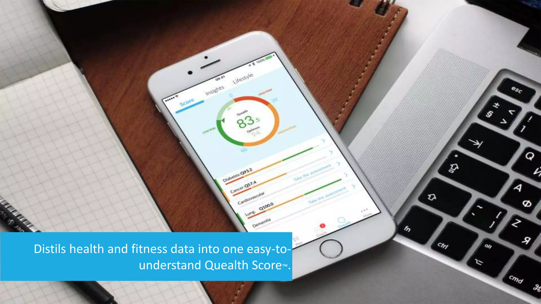 Distils health and fitness data into one easy-to-
understand Quealth Score™.
 