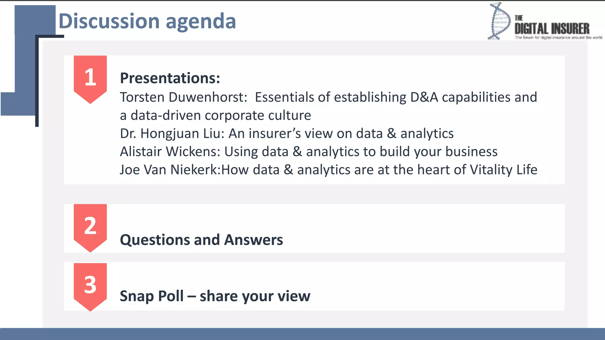 Discussion agenda
1 Presentations:
Torsten Duwenhorst: Essentials of establishing D&A capabilities and
a data-driven corporate culture
Dr. Hongjuan Liu: An insurer’s view on data & analytics
Alistair Wickens: Using data & analytics to build your business
Joe Van Niekerk:How data & analytics are at the heart of Vitality Life
2 Questions and Answers
3 Snap Poll – share your view
 