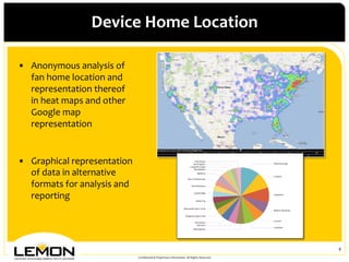 Device	
 Home	
 Location	
 

•  Anonymous	
 analysis	
 of	
 
   fan	
 home	
 location	
 and	
 
   representation	
 thereof	
 
   in	
 heat	
 maps	
 and	
 other	
 
   Google	
 map	
 
   representation	
 
   	
 
   	
 
•  Graphical	
 representation	
 
   of	
 data	
 in	
 alternative	
 
   formats	
 for	
 analysis	
 and	
 
   reporting	
 




                                                                                                                                8	
 
                                            Conﬁdential	
 &	
 Proprietary	
 Information.	
 All	
 Rights	
 Reserved.	
 
 