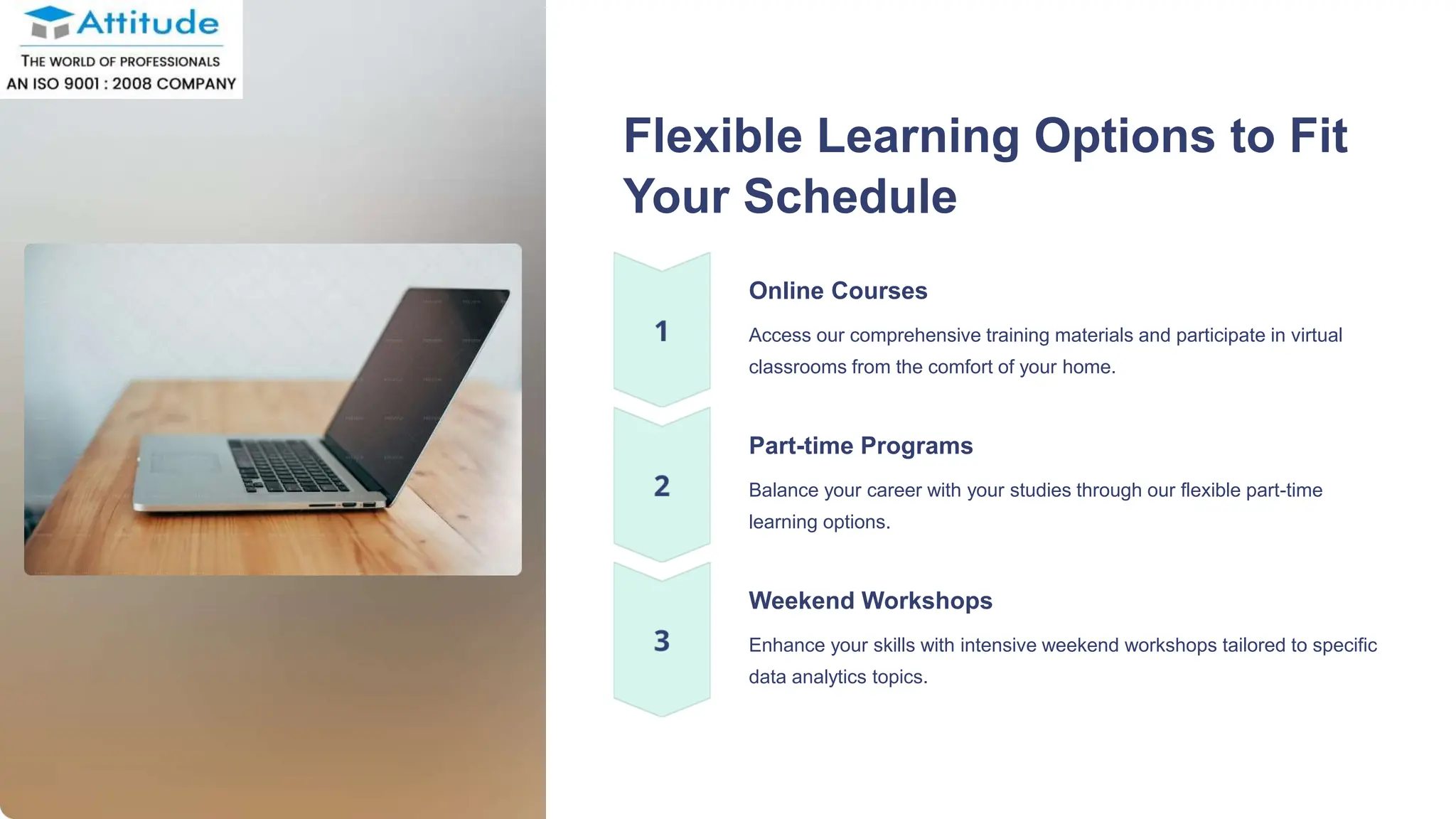 Flexible Learning Options to Fit
Your Schedule
Online Courses
Access our comprehensive training materials and participate in virtual
classrooms from the comfort of your home.
Part-time Programs
Balance your career with your studies through our flexible part-time
learning options.
Weekend Workshops
Enhance your skills with intensive weekend workshops tailored to specific
data analytics topics.
 