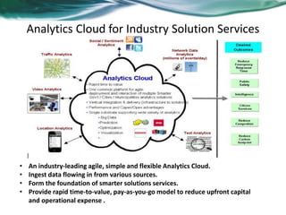Analytics Cloud for Industry Solution Services
• An industry-leading agile, simple and flexible Analytics Cloud.
• Ingest data flowing in from various sources.
• Form the foundation of smarter solutions services.
• Provide rapid time-to-value, pay-as-you-go model to reduce upfront capital
and operational expense .
 