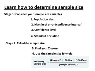 Learn how to determine sample size
Stage 1: Consider your sample size variables
1. Population size
2. Margin of error (confidence interval)
3. Confidence level
4. Standard deviation
Stage 2: Calculate sample size
5. Find your Z-score
6. Use the sample size formula
 