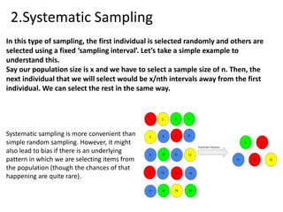 2.Systematic Sampling
In this type of sampling, the first individual is selected randomly and others are
selected using a fixed ‘sampling interval’. Let’s take a simple example to
understand this.
Say our population size is x and we have to select a sample size of n. Then, the
next individual that we will select would be x/nth intervals away from the first
individual. We can select the rest in the same way.
Systematic sampling is more convenient than
simple random sampling. However, it might
also lead to bias if there is an underlying
pattern in which we are selecting items from
the population (though the chances of that
happening are quite rare).
 