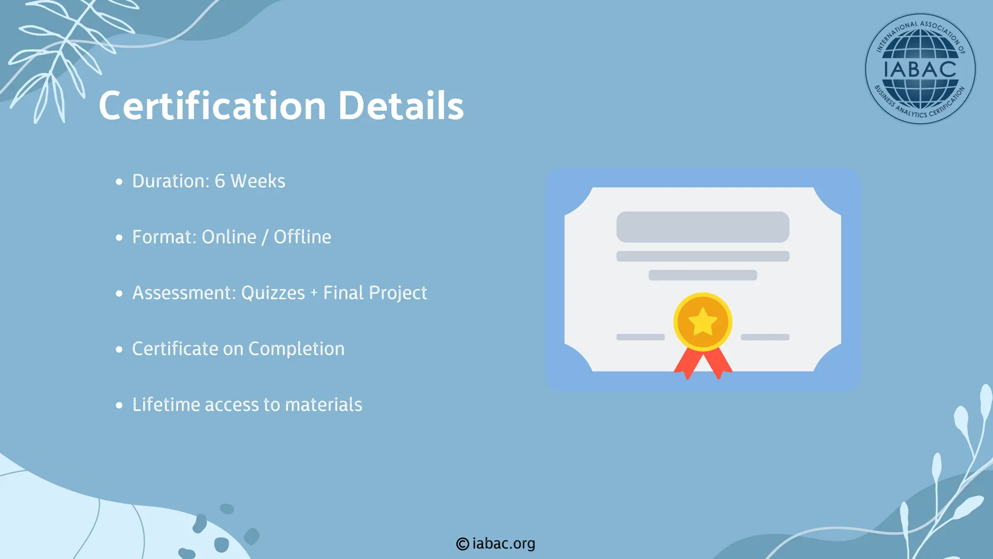 iabac.org
Duration: 6 Weeks
Format: Online / Offline
Assessment: Quizzes + Final Project
Certificate on Completion
Lifetime access to materials
Certification Details