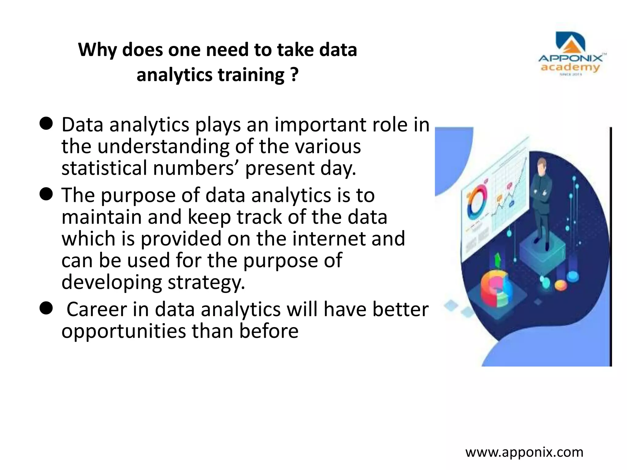 Why does one need to take data
analytics training ?
 Data analytics plays an important role in
the understanding of the various
statistical numbers’ present day.
 The purpose of data analytics is to
maintain and keep track of the data
which is provided on the internet and
can be used for the purpose of
developing strategy.
 Career in data analytics will have better
opportunities than before
www.apponix.com
 
