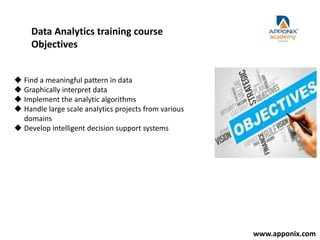 Data Analytics training course
Objectives
 Find a meaningful pattern in data
 Graphically interpret data
 Implement the analytic algorithms
 Handle large scale analytics projects from various
domains
 Develop intelligent decision support systems
www.apponix.com
 